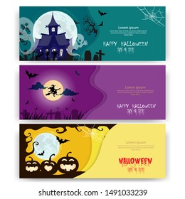 halloween banner background. Halloween promo with spooky house, witch and pumkins.