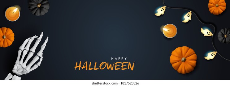 Halloween banner background with pumpkins, skeleton hand and candles vector illustration