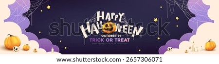Halloween banner background with pumpkins, spider webs and bold typography trick or treat message in purple theme