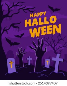 Halloween banner background with scary elements, zombie hands, tombstones in graveyard landscape