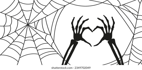 Halloween banner background. Spider web and Skeleton of hand bones showing heart symbol