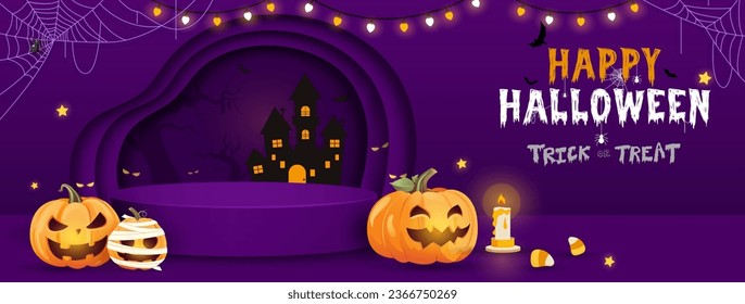 Halloween banner background with stage podium mock up for products display, vector illustration 