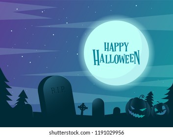 Halloween banner background vector template, illustration of tombstone under the moon