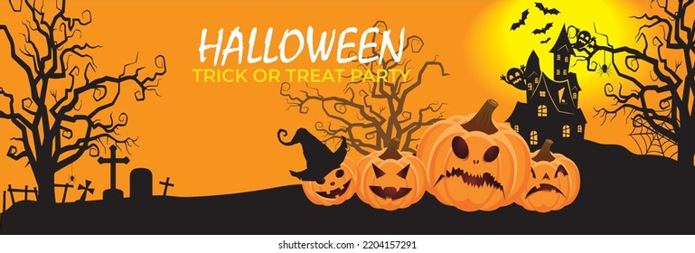Halloween banner. Halloween backgrounds for design. Pumpkins, bats, ghosts, scary trees.