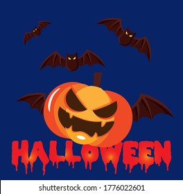 halloween banner with bat and pumpkin  on dark background
