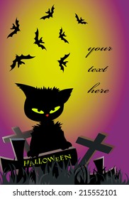 Halloween banner with bats, black cat, gravestone crosses, moon and place for the text
