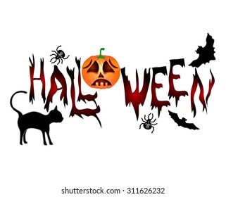 Halloween banner .Beautiful inscription Halloween with a cat, pumpkin and flying mice. Vector
