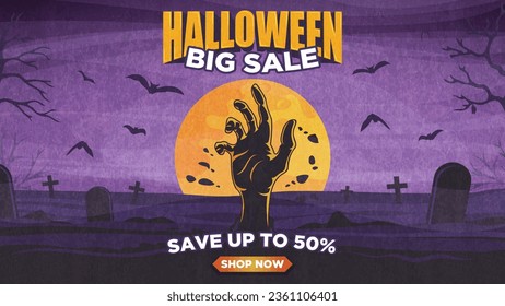 Halloween banner big sale, save up to 50%, shop now. The zombie's hand sticks out of the ground in the cemetery against the background of the moon.