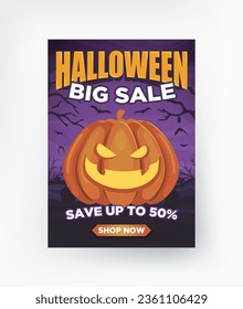 Halloween-Banner, großer Verkauf, bis zu 50 % sparen, sofort einkaufen. Kürbis auf dem Hintergrund des Friedhofs.