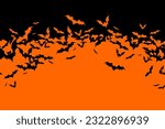 Halloween banner with black bats on the orange background. Illustration with text.
