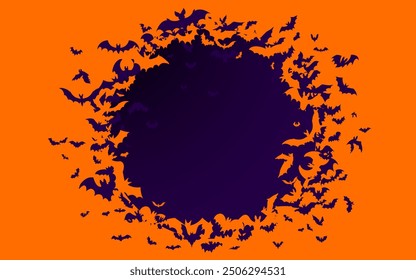 Halloween banner with black bats on the orange horizontal background. Happy Halloween black ball of bats in the center of the background. Template vector Illustration for text. Flying bats background.