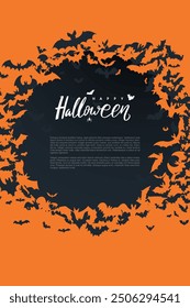 Halloween banner with black bats on the orange vertical background. Happy Halloween black ball of bats in the center of the background. Flying bats background. Template vector Illustration for text.