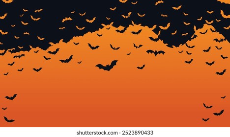 Banner de Halloween, morcegos pretos no fundo laranja. Ilustração do vetor de modelo para texto. Plano de fundo de Halloween com rebanho de morcegos