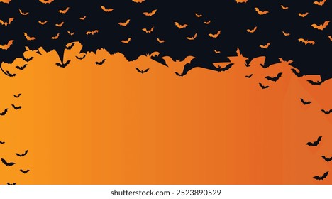 Banner de Halloween, morcegos pretos no fundo laranja. Ilustração do vetor de modelo para texto. Plano de fundo de Halloween com rebanho de morcegos