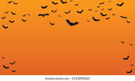 Banner de Halloween, morcegos pretos no fundo laranja. Plano de fundo de Halloween com rebanho de morcegos. Vetor de modelo de banner Ilustração para texto