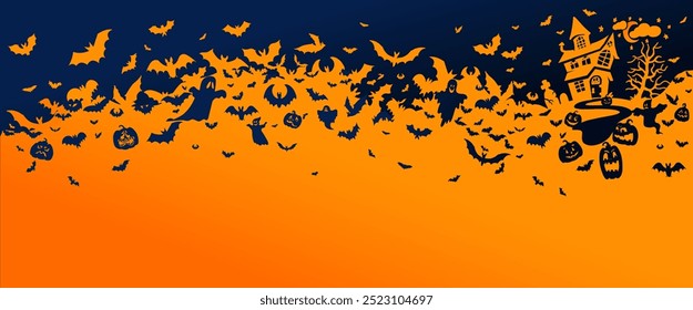 Halloween banner with black bats, pumpkins, ghost and house of horrors on the orange background. Illustration with text. Vector Halloween background. Space for text. Holidays poster, banner.