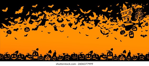 Halloween banner with black bats, pumpkins, ghost and house of horrors on the orange background. Space for text. Holidays poster, banner. Illustration for text. Vector Halloween background.