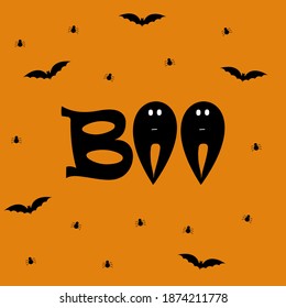 Halloween banner black bats, spiders, ghosts and text Boo on orange background. May use as invitation