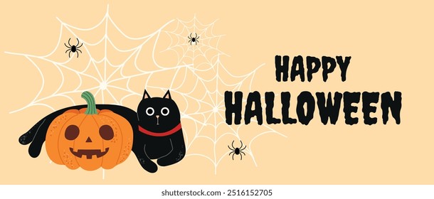 Halloween banner with a black cat, pumpkin, and spider webs. Simple, flat, hand-drawn design with a spooky "Happy Halloween" text. Perfect for holiday promotions, decorations, and party invitations.