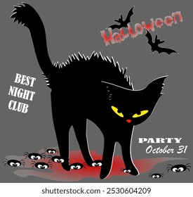 Halloween banner with black cat, spiders and invitation to holiday party or space for you own text on dark gray background. For festive design, party invitation, poster, cards. Vector illustration.