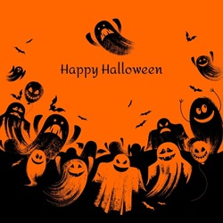 Halloween Banner With Black Ghosts And Bats On The Orange Background. Illustration With Text.
