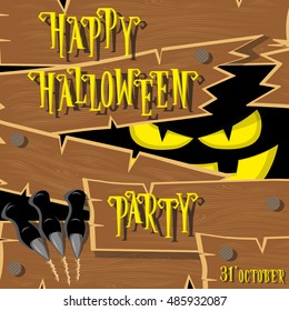 Halloween banner: black monster with scary face broken wooden wall from old boards and looks out of the darkness. Vector illustration. Cartoon style. Concept design poster or ticket on holiday party.