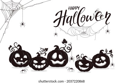 Halloween banner with black silhouettes of smiling pumpkins and spiders isolated on white background. Cartoon elements for holiday design. Illustration for holiday backgrounds, cards, banners