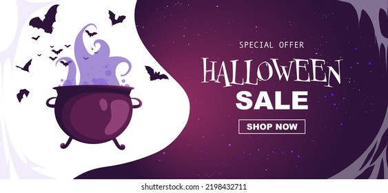 Halloween banner with a boiling brew in cauldron and a flock of bats on it. Template for vouchers, offers, coupons, holiday sales. Vector illustration for Halloween discounts.