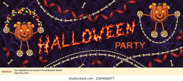 Halloween banner with bones, spiderweb, pumpkin heads like kids. Horizontal holiday poster, header for website, social media. Template for invitation, party ticket