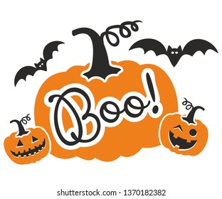 Halloween banner Boo. Vector illustration with orange funny face pumpkins and black bats