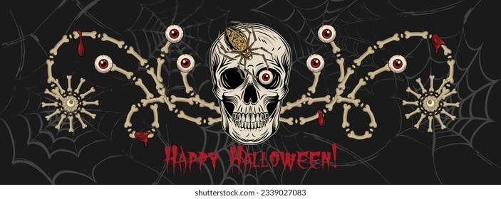 Halloween banner, border with human skull, spider, bones, creepy red eyeball, text. Dark background with distorted spiderweb. Horizontal holiday poster, header for website, social media