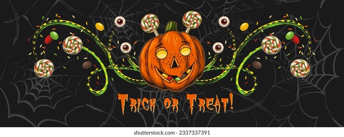 Halloween banner, border with pumpkin head like little boy, sweets, creepy red eyeball, green swirls, text. Dark background with distorted spiderweb Horizontal poster, header for website, social media