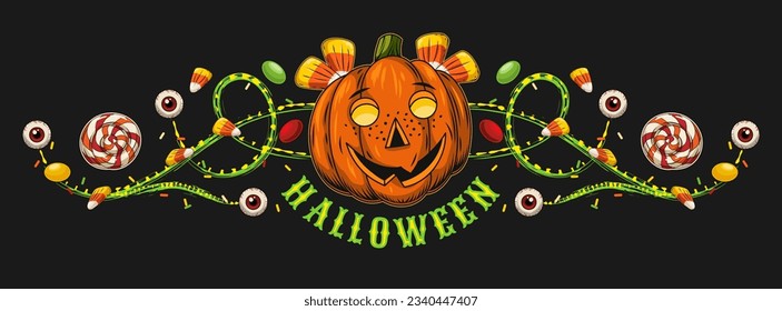 Halloween banner, border with pumpkin head like little girl, sweets, creepy red eyeball, green swirls, text. Horizontal holiday poster, header for website, social media