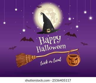 Banner de Halloween com vassoura e chapéu de bruxa. Feliz Dia das Bruxas. Truque ou Trate. Letras e símbolos de Halloween em fundo de Halloween roxo. Ilustração vetorial