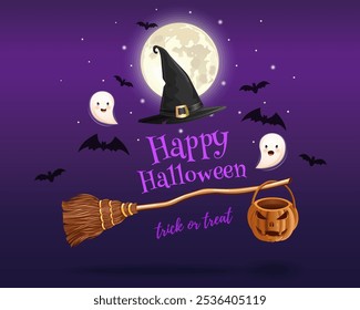 Banner de Halloween com vassoura e chapéu de bruxa. Feliz Dia das Bruxas. Truque ou Trate. Letras e símbolos de Halloween em fundo de Halloween roxo. Ilustração vetorial