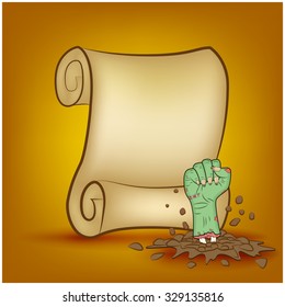 Halloween banner, card with empty paper scroll and zombie, monster hand. Blank ancient scroll of parchment wallpaper, background. Poster or brochure for Halloween party. Vector illustration.