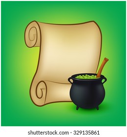 Halloween banner, card with empty paper scroll and witches cauldron, green potion. Blank ancient scroll of parchment wallpaper, background. Poster or brochure for Halloween party. Vector illustration.