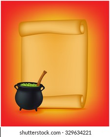 Halloween banner, card with empty paper scroll and witches cauldron, green potion. Blank ancient scroll of parchment wallpaper, background. Poster or brochure for Halloween party. Vector illustration.