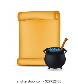 Halloween banner, card with empty paper scroll and witches cauldron, blue potion. Blank ancient scroll of parchment wallpaper, background. Poster or brochure for Halloween party. Vector illustration.