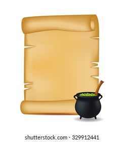 Halloween banner, card with empty paper scroll and witches cauldron, green potion. Blank ancient scroll of parchment wallpaper, background. Poster or brochure for Halloween party. Vector illustration.