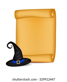 Halloween banner, card with empty paper scroll and witches hat. Blank ancient scroll of parchment wallpaper, background. Poster or brochure for Halloween party. Vector illustration.