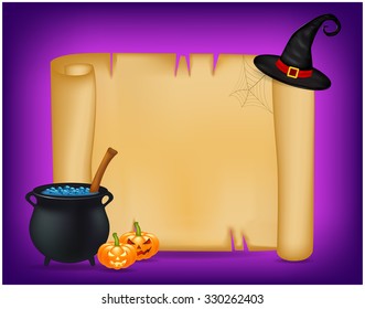 Halloween banner, card with empty paper scroll and witches cauldron, blue potion, pumpkin. Blank vector ancient scroll of parchment wallpaper, background. Poster or brochure for Halloween party.
