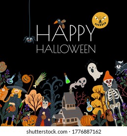 Halloween banner or card with scary elements. Vector cartoon flat illustration