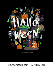 Halloween banner or card with scary elements. Vector cartoon flat illustration