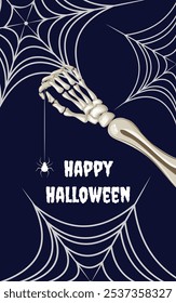 Halloween banner card with skeleton hand holding a spider, web accents, and Happy Halloween text