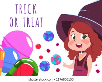 Halloween banner with cartoon character witch and sweets. Vector illustration