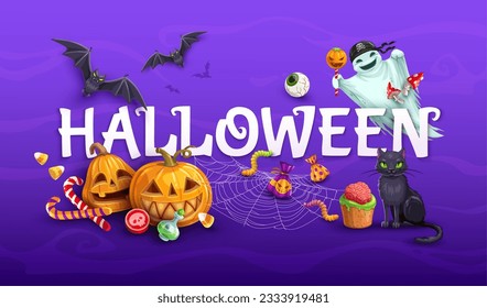 Pancarta de Halloween con caricaturas y dulces. Linterna de calabaza, personaje fantasma y gato negro brujo, murciélagos voladores, telaraña y truco de Halloween o para tratar dulces y fondo vector de pastelería dulce