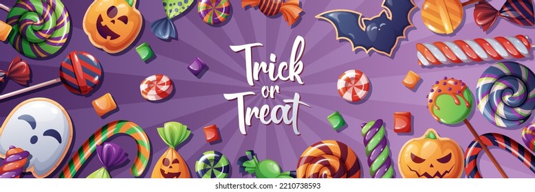 Pancarta de Halloween con caricaturas de dulces y caramelos de vacaciones. Postre espeluznante sobre el fondo horizontal de la fiesta de Halloween. Cartel vectorial de vacaciones con galletas espeluznantes de Halloween, caramelos de pop en un violeta