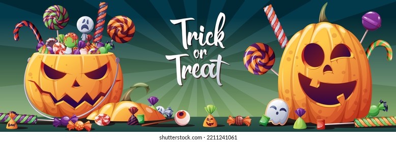 Halloween banner with cartoon pumpkins and holiday sweets, candies. Spooky dessert on Halloween horizontal background. Festive vector banner with Halloween pumpkins, cookies, lollipops
