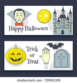 Halloween banner with castle, vampire. pumpkin and tombstone